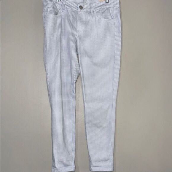 LOFT White Skinny Ankle Pants with Blue Pattern - Picture 5 of 9